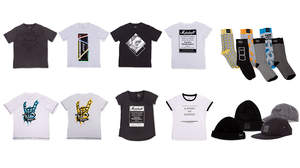マーシャルのロゴや製品イメージをモチーフにしたTシャツ、ソックス、キャップが登場